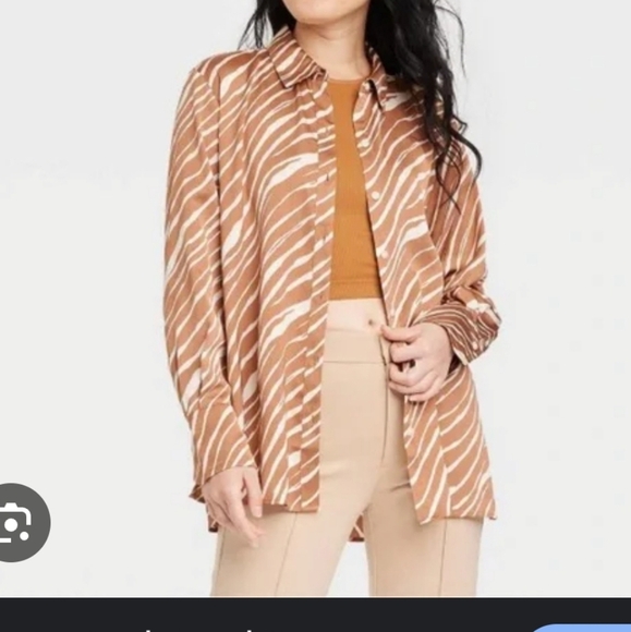 Satin Oversized Long Sleeved Brown Zebra Striped Print Shirt A New Day XXL - Picture 2 of 6